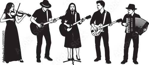 Five musicians playing instruments in black and white also transparent background band violin guitar