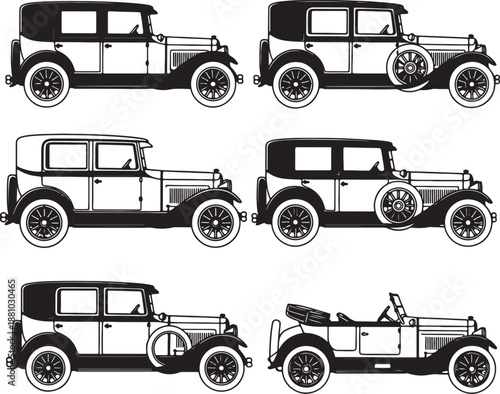 Five black and white vintage cars with detailed line also transparent background line classic