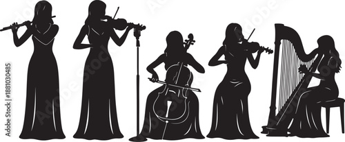 Five Silhouettes of Women Playing Different Musical Instruments in Black and White also transparent background