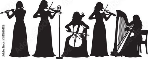 Five Silhouettes of Women Playing Different Musical Instruments on a White Background also transparent background