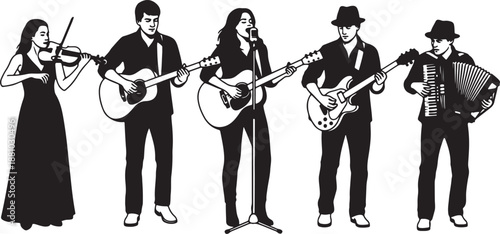 Five musicians playing instruments on stage in black and white also transparent background band violin