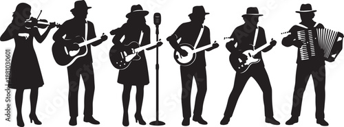 Six musicians playing instruments and singing on stage with microphones and hats also transparent background