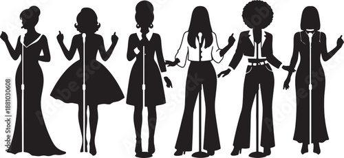 Six Silhouettes of Women in Various Outfits Standing in a Row also transparent background fashion