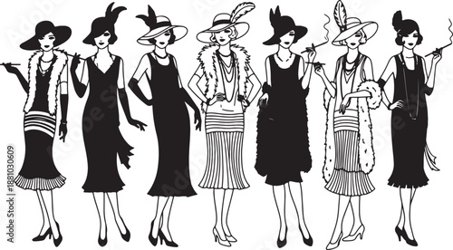 Six women in 1920s fashion with hats and long dresses standing in a row also transparent background