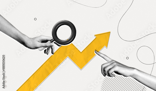 Trendy Halftone Collage Business opportunity and investment growth concept. Hand with magnifying glass and arrow pointing up. Interest rate. Invest strategy. Contemporary vector illustration art