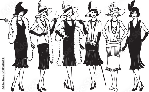 Six women in 1920s flapper dresses with feather accessories and hats standing in a row also transparent background