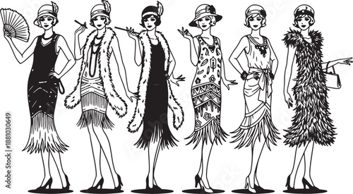 Six Women in 1920s Flapper Dresses with Accessories Standing in a Row also transparent background vintage