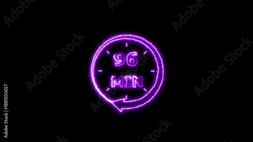 Clock icon 24 Hour Day Fast Speed neon bright purple color animation. Digital clock time rotation 96 minute black background 4k video.
