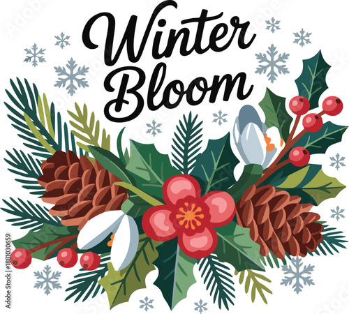 Colorful winter holiday wreath with holly berries pinecones and snowflakes bloom desi