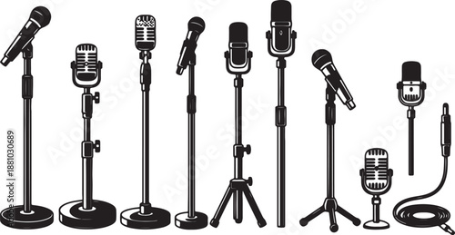 Various black and white microphones on stands and cables in a line also transparent background