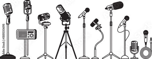 Various Types of Microphones and Audio Equipment Illustrated in Black and White Line also transparent background