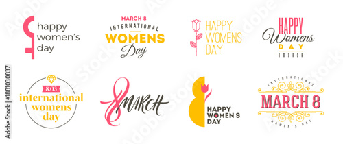 Happy International Women's Day March 8 logos set. Vector typography badges collection. Greeting card lettering templates with female symbols and flowers.
