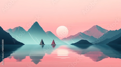 Minimal Mountain Landscape with Sailboats and Calm Lake at Sunset