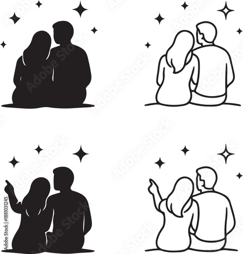 Isolated romantic stargazing couple silhouette, couple looking at stars, romantic stargazing vector, heart stargazing icon, isolated minimal vector, love night illustration