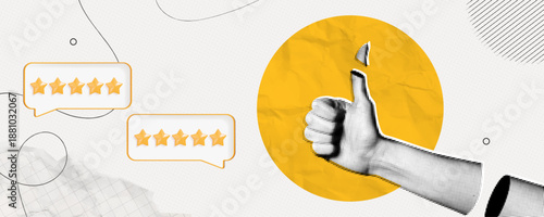 Trendy Halftone Collage Hand with Thumb up and Positive Feedback. Gold five star rating. Quality assessment. Review service. Popart banner with paper elements. Contemporary vector illustration art