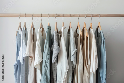 Minimalist editorial shot of a sustainable capsule collection hanging on a wooden rack, featuring linen and organic cotton garments in various cool blue shades