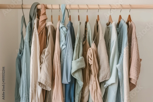 Minimalist editorial shot of a sustainable capsule collection hanging on a wooden rack, featuring linen and organic cotton garments in various cool blue shades