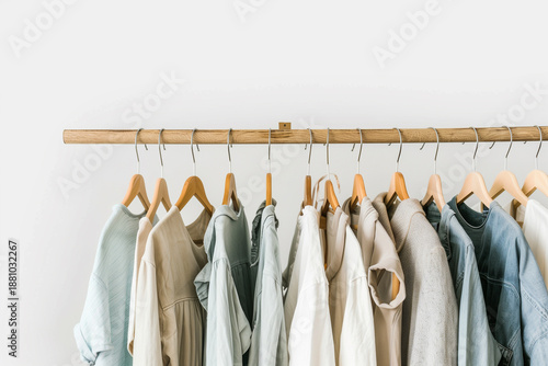 Minimalist editorial shot of a sustainable capsule collection hanging on a wooden rack, featuring linen and organic cotton garments in various cool blue shades