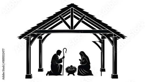 Christmas Nativity Scene Silhouette with Baby Jesus in Manger, Mary and Joseph in Stable, Traditional Holy Night Religious Vector.