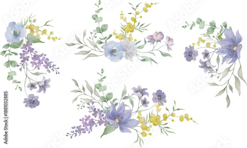 Delicate watercolor floral collection with pastel blue and purple flowers, yellow berries, and soft green foliage. Hand drawn illustration. Vector EPS.