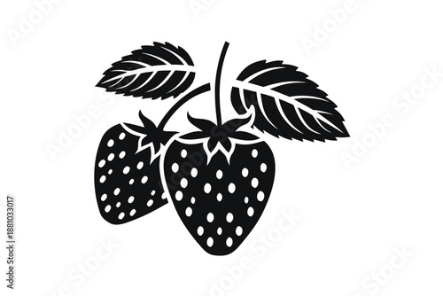 Handcrafted Strawberry Silhouette Icon with Decorative Leaves Vector Art for Menu Design