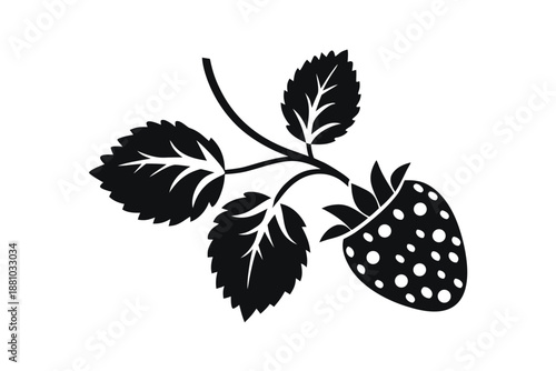 Solid Black Strawberry Silhouette with Large Leaves Minimalist Fruit Vector Illustration