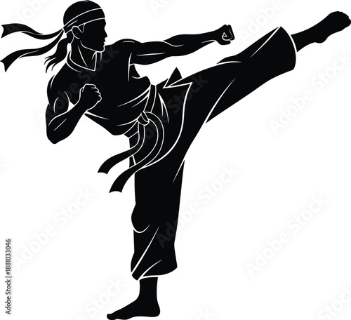 Dynamic Martial Arts Fighter Silhouette, Karate Kick Action Pose, Taekwondo Master High Kick Vector, Professional Combat Sports Athlete Icon for Logo Design.