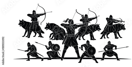 Fantasy Viking Warrior Silhouettes, Norse Archer on Wolf Mount, Medieval Shield Maiden Icons, Mythical Scandinavian Barbarian Vector for Game Design.