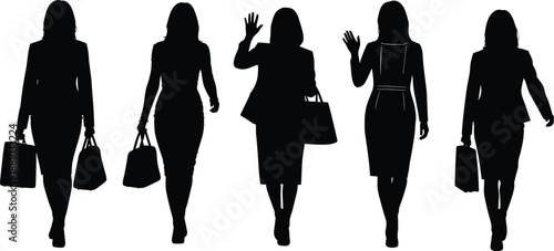 Diverse silhouettes of professional businesswomen walking with handbags and waving representing female leadership, corporate career success, and modern office teamwork