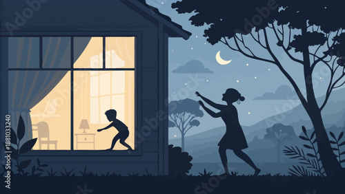 Mother and child playing hide and seek at night