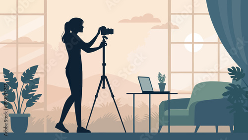Silhouette of woman taking photos in modern living room with laptop