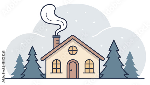 Cozy house with smoke rising from chimney in snowy forest