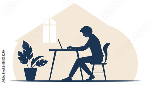 Person working remotely from home with laptop and plant
