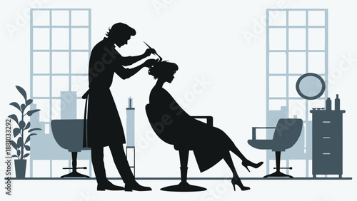 Professional hairstylist cutting woman's hair in modern salon