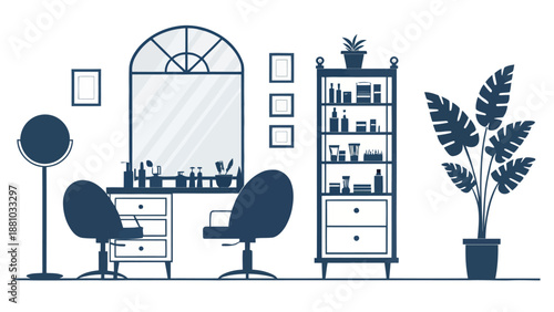 Modern beauty salon interior with makeup station and furniture