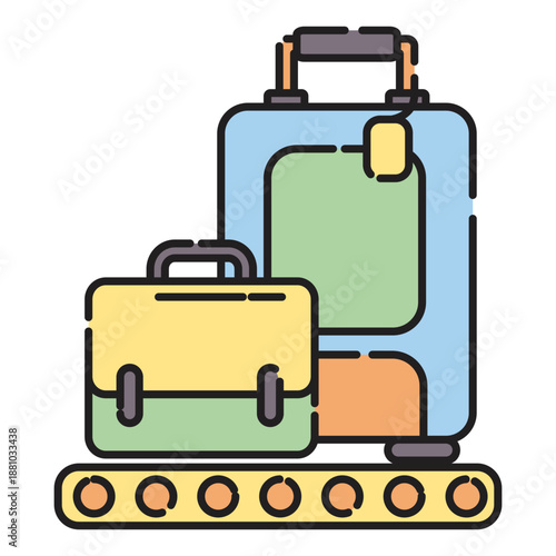 Two suitcases and a bag on a conveyor belt at an airport, viewed from the side, travel preparation scene