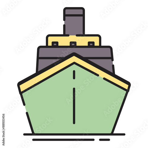 A green cargo ship with a yellow and gray superstructure traveling through calm waters viewed from the front