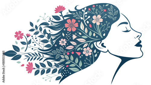 Beautiful woman with flowers in hair, peaceful and serene