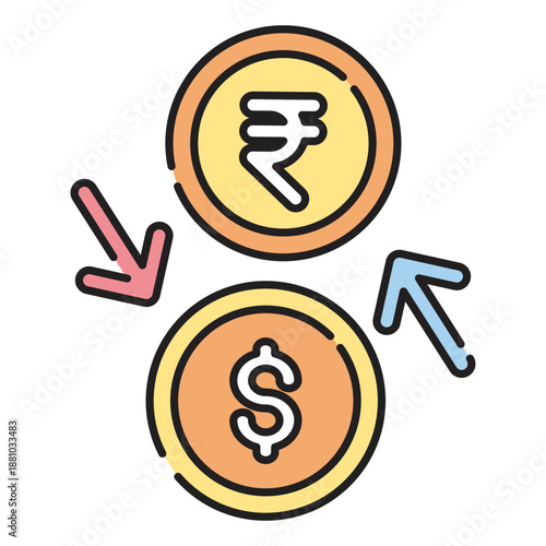 Two coins with currency symbols, rupee and dollar, in a circular motion, illustrating exchange or transfer of funds, in a simple graphic representation, viewed from directly above