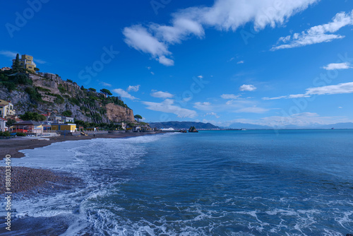 The beach at the foot of Vietri sul Mare, a small town on the Amalfi Coast, Italy.