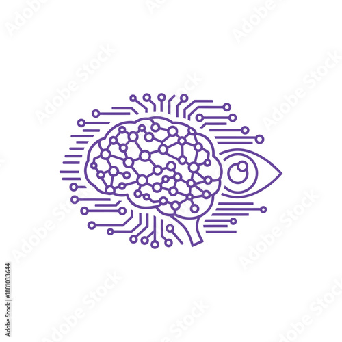 Artificial intelligence concept illustration of a brain with circuitry and an eye symbolizing machine learning and vision