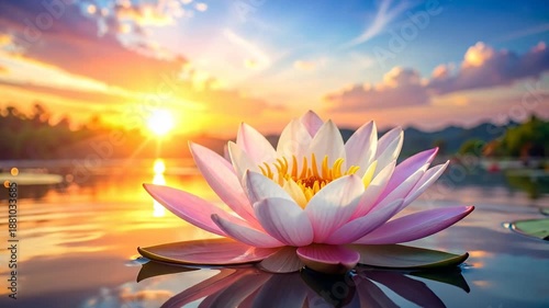 Beautiful pink lotus flower blooming on a tranquil lake at sunset.