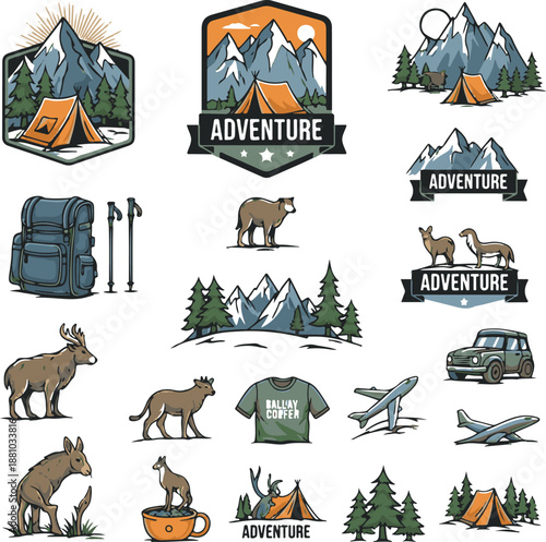 Adventure and Outdoor Camping Vector Illustration Set with Mountains, Wildlife, and Hiking Gear