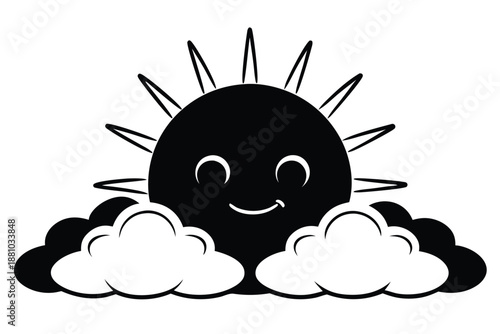 Hopeful Sun Peeking Through Clouds, Black and White Illustration of Optimism and Light Overcoming Darkness