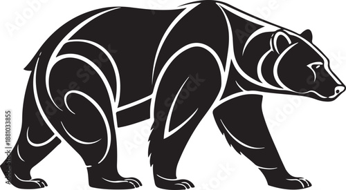 Powerful bear walking side profile silhouette, minimalist black vector with clean outline, isolated on transparent background, premium stock illustration style