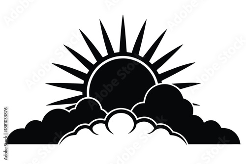 Abstract Sun Emerging from Heavy Clouds, Black and White Vector Art for Conceptual Design and Metaphor