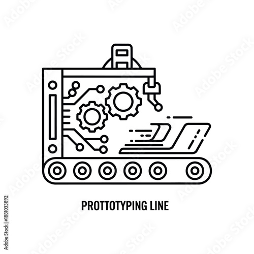 An illustration depicts a prototyping line with gears and circuits on a tank-like machine.