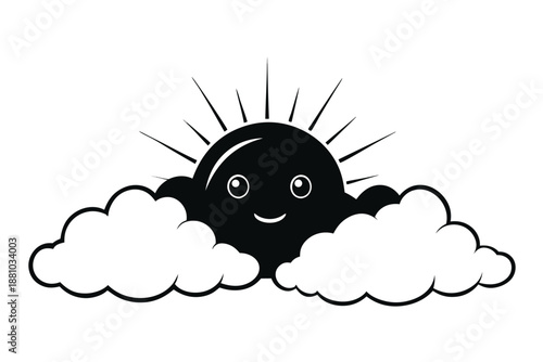 Simple Black and White Sun and Cloud Icon, Weather Forecast Graphic for Sunny Intervals and Clear Skies