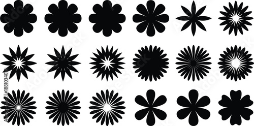 Collection of 15 unique black floral shapes on a white background for design and artistic purposes