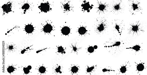 Ink splatter patterns on white background for graphic design and artistic use
